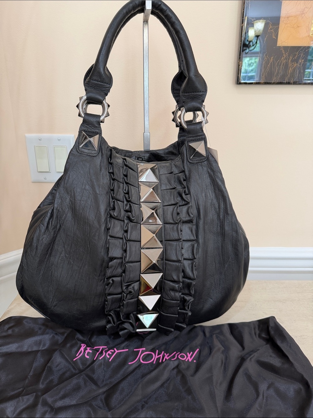 Betsey Johnson Hard to find  Black tuxedo royale Studded Ruffle Satchel